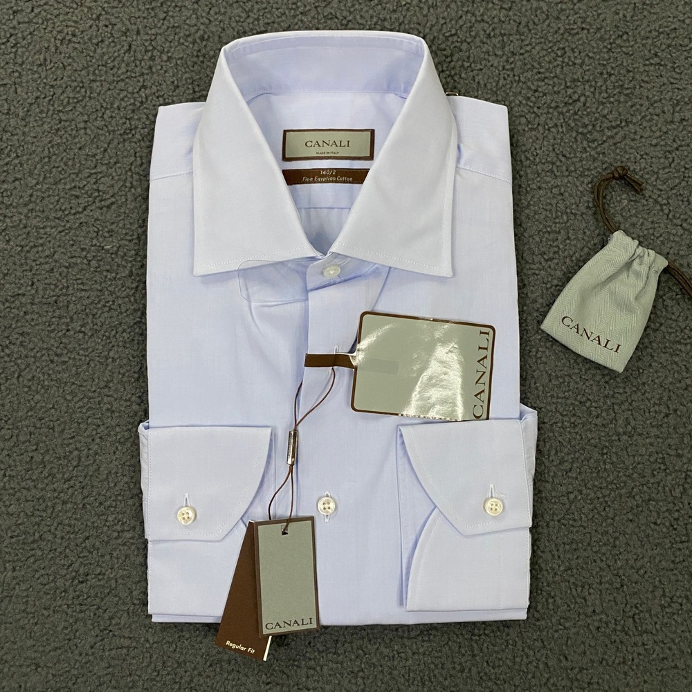 Canali Dress Shirt Mens 40/15.75 Regular Fit Blue Button Up Cutaway Collar Italy